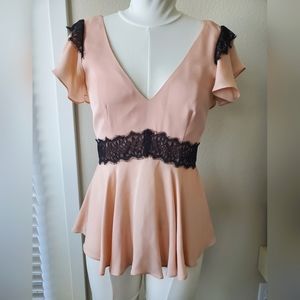 Cinq a Sept blush pink silk and black lace peplum blouse size XS